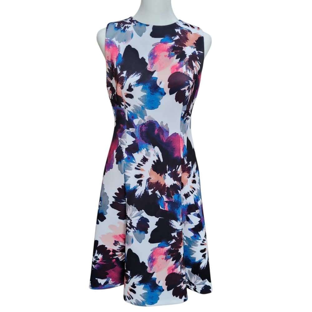 Like New DKNY Floral Fit & Flare Dress Blue and Pink Size 2 - Picture 2 of 10